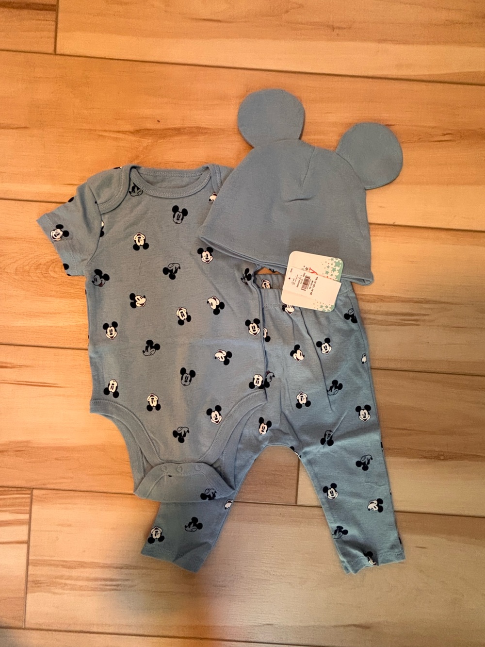 Disney Baby Blue Mickey Mouse Print set with matching body suit, pants, & hat